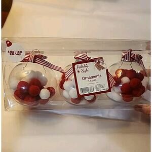 Holiday Time Clear Christmas Bulb Ornaments Red & White PomPoms Set of 3